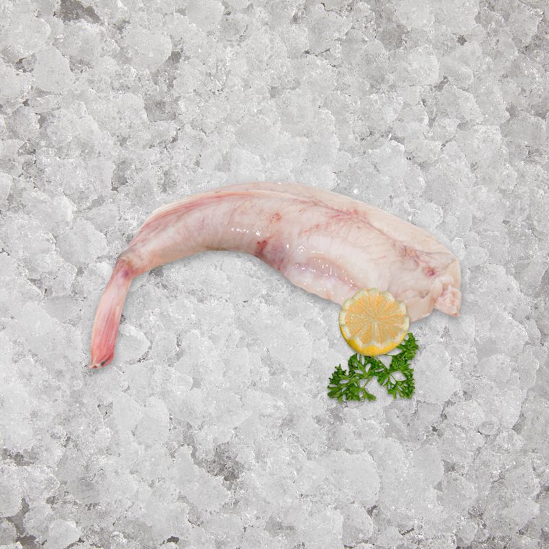 monkfish tail on a bed of ice with lemon and salad