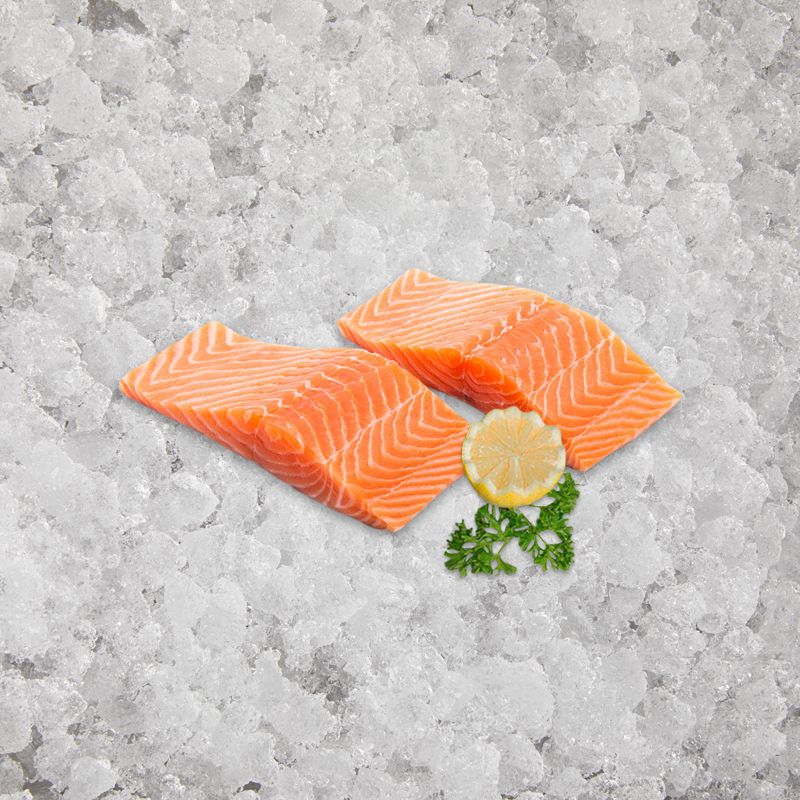 two scottish salmon fillets fresh fish on a bed of ice with lemon wedge and garnish