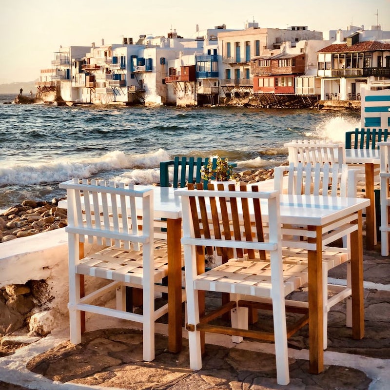 traditional greek tavern with tables by the sea