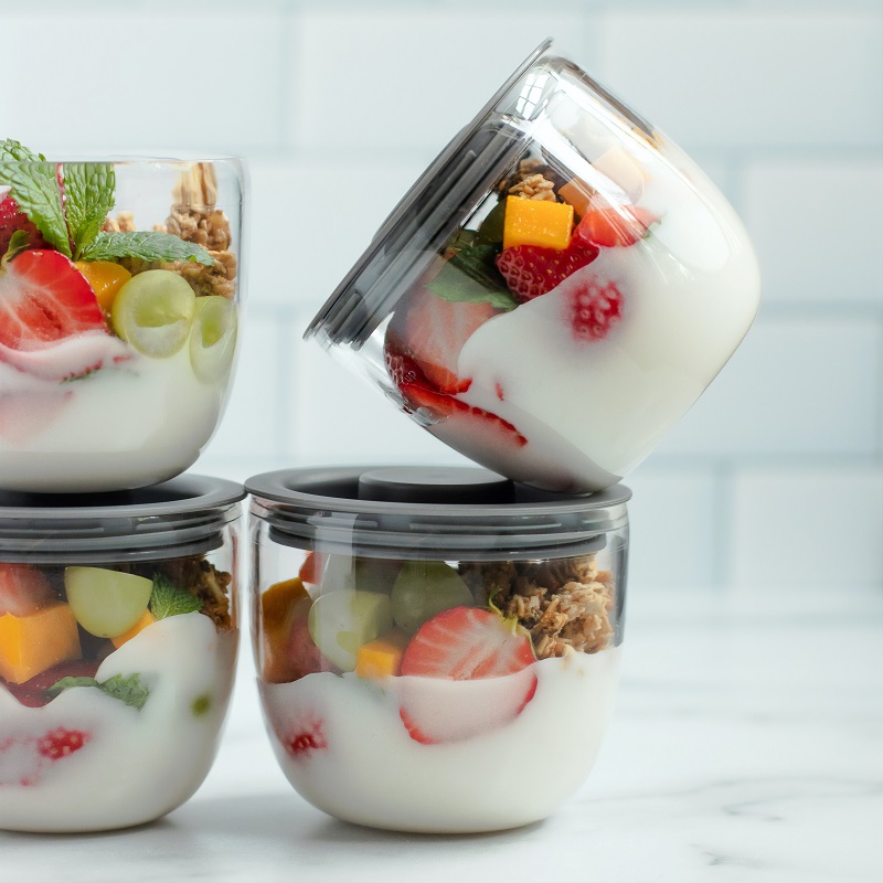fruit yoghurt and granola pots to go in a healthy packed lunch