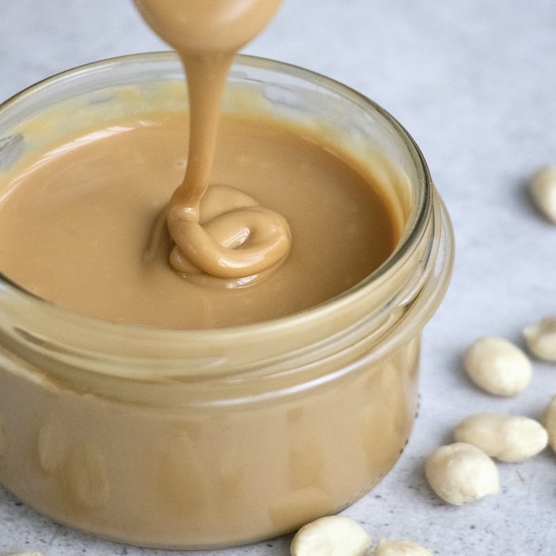 smooth peanut butter in a glass jar