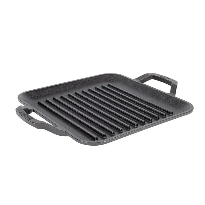 Lodge Chefs Square Ribbed Griddle Pan With Handles, Cast Iron 28cm