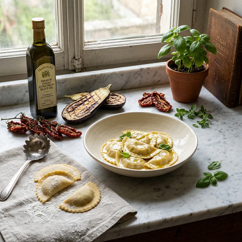 Handmade Pasta, Aubergine & Sundried Tomato, Mezzelune handmade_pasta,_aubergine_&_sundried_tomato,_mezzelune