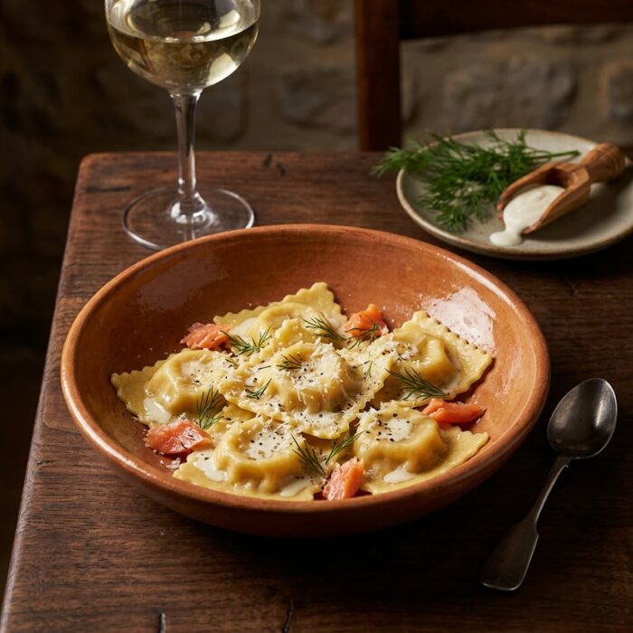 handmade_pasta,_smoked_salmon,_crème_fraîche_&_dill_ravioli