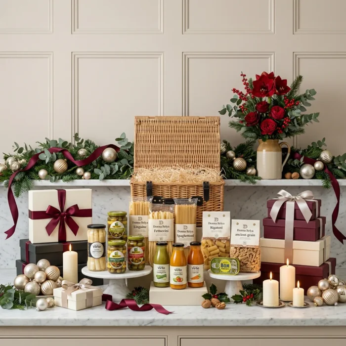 artisan_christmas_table_hamper_with_foie_gras,_preserved_vegetables_and_olives