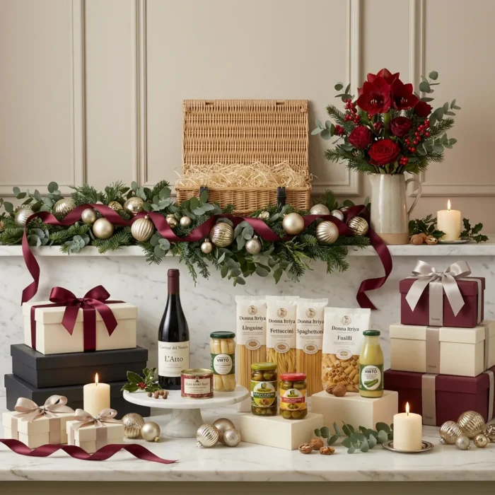 artisan_christmas_table_and_wine_hamper_with_wine,_foie_gras_and_preserved_vegetables