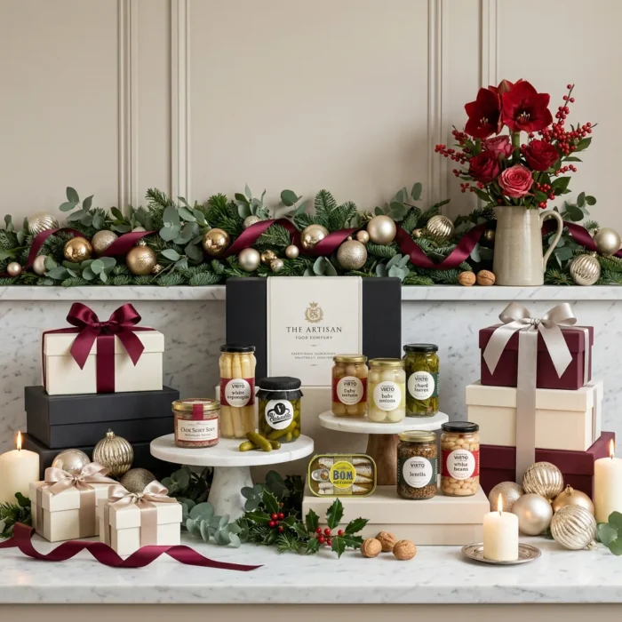 christmas_table_hamper_with_foie_gras,_preserved_vegetables_and_tinned_fish