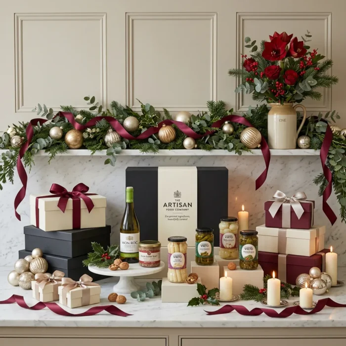 christmas_table_and_wine_hamper_with_wine,_foie_gras_and_preserved_vegetables
