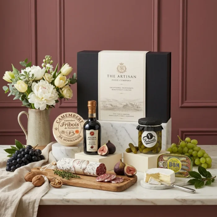 European deli hamper with cheese, charcuterie and balsamic