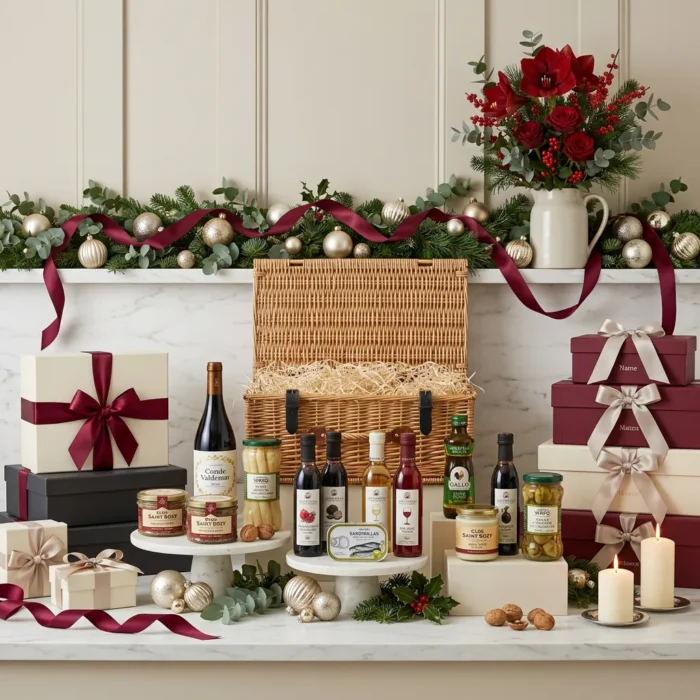 grand_christmas_table_and_wine_hamper_with_wine,_foie_gras_and_preserved_vegetables