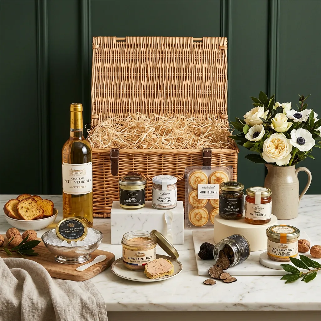 Grand Gourmet Trio and Sauternes Hamper - Gourmet Gift grand_gourmet_trio_and_sauternes_hamper_with_wine,_caviar_and_foie_gras