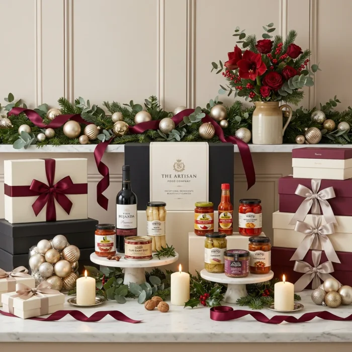 great_christmas_table_and_wine_hamper_with_wine,_foie_gras_and_preserved_vegetables