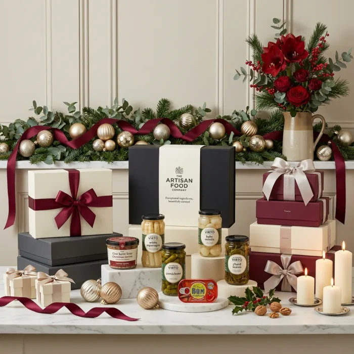 little_christmas_table_hamper_with_foie_gras,_preserved_vegetables_and_tinned_fish