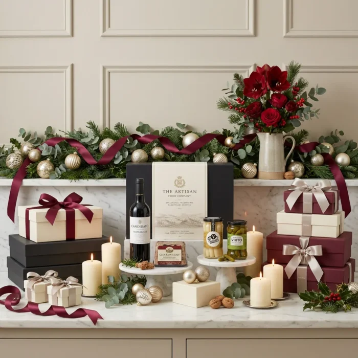 little_christmas_table_and_wine_hamper_with_wine,_foie_gras_and_preserved_vegetables