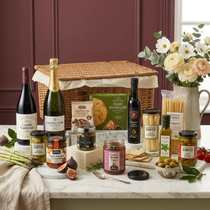 luxury_vegetarian_and_wine_hamper_with_wine,_preserved_vegetables_and_jam