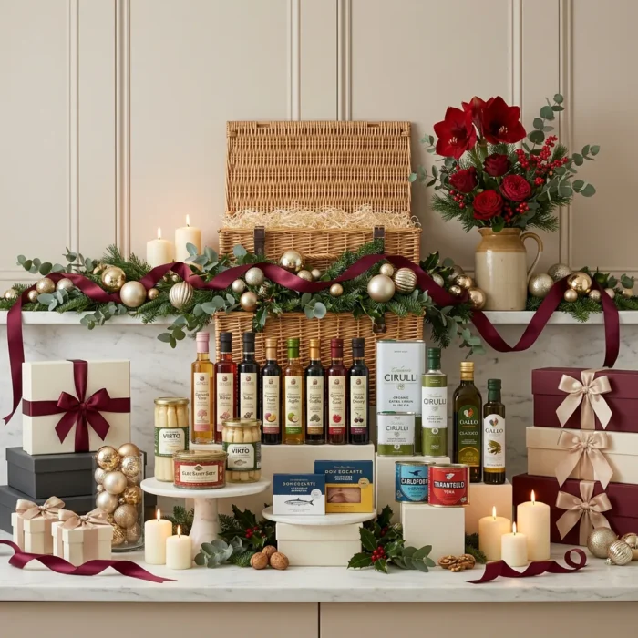magnificent_christmas_table_hamper_with_foie_gras,_preserved_vegetables_and_tinned_fish