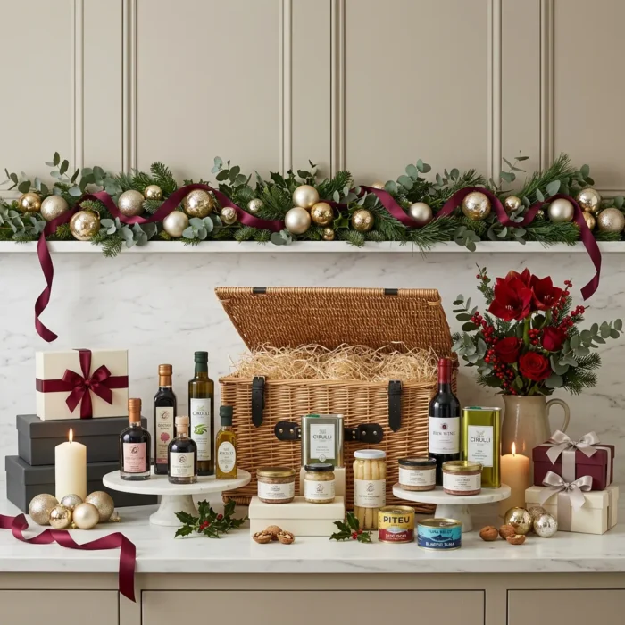 magnificent_christmas_table_and_wine_hamper_with_wine,_foie_gras_and_preserved_vegetables