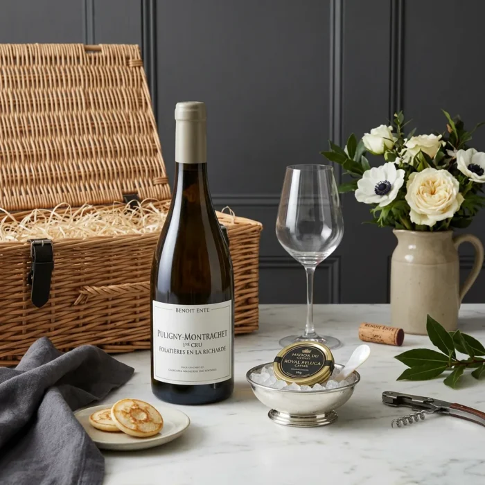 puligny-montrachet_and_beluga_gift_with_wine,_caviar_and_blinis