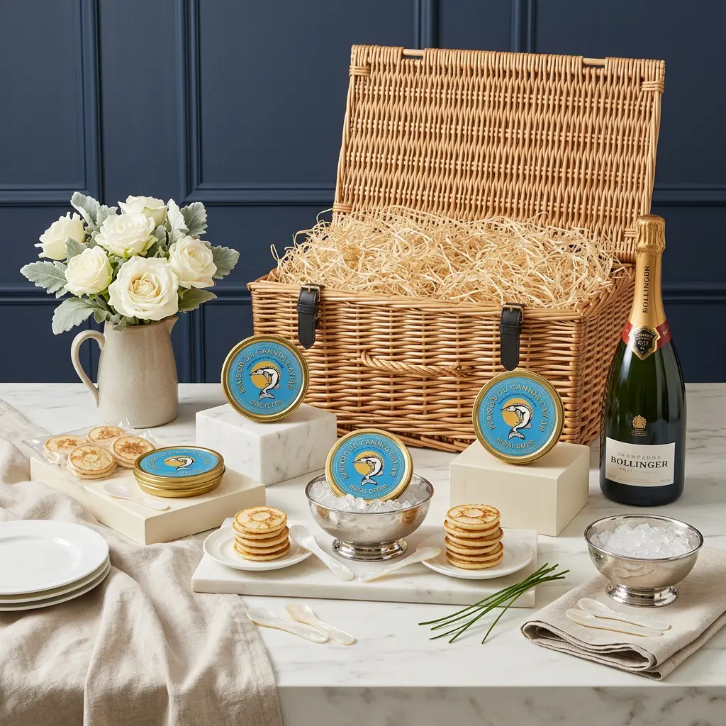 Royal Baerii Caviar and Bollinger Hamper 125g - Caviar Gift royal_baerii_caviar_and_bollinger_hamper_125g_with_caviar,_blinis_and_wine