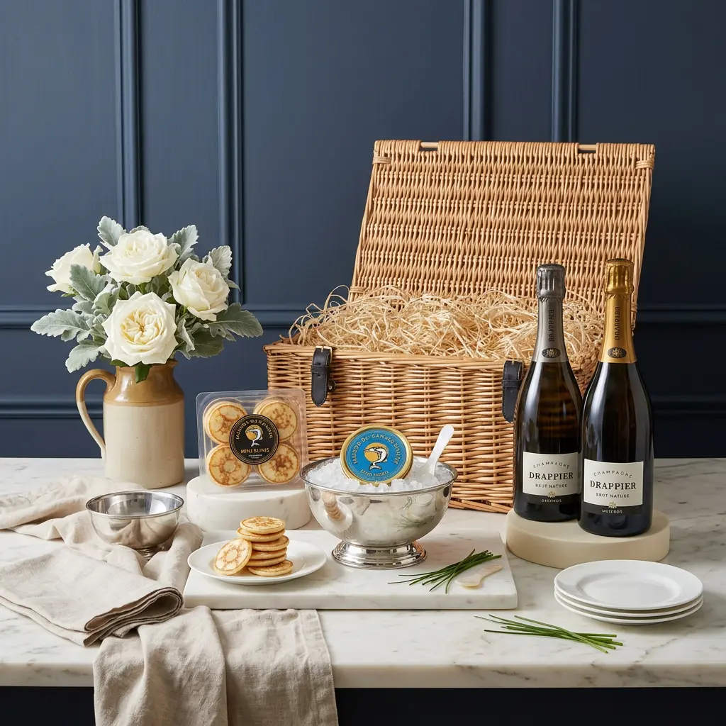 Royal Baerii Caviar and Champagne Hamper 30g - Caviar Gift Royal Baerii caviar and Champagne hamper 30g with caviar, blinis and wine