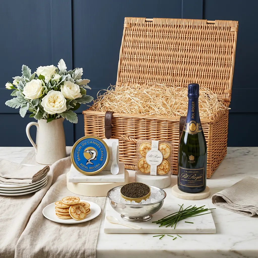 Royal Beluga Caviar and Pol Roger Hamper 125g - Caviar Gift royal_beluga_caviar_and_pol_roger_hamper_125g_with_caviar,_blinis_and_wine