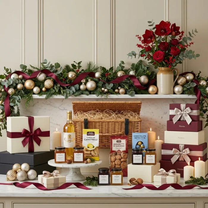 ultimate Christmas sweet and wine hamper with wine, honey and biscuits